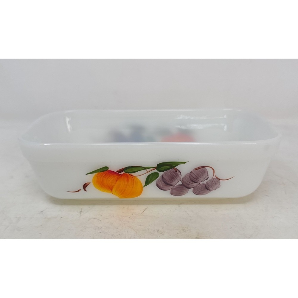 Vintage Fire King Milk Glass Loaf Pan Painted Fruit